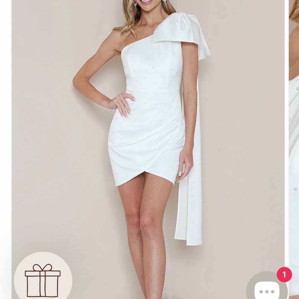 One Shoulder Draped Pearl Bow Dress